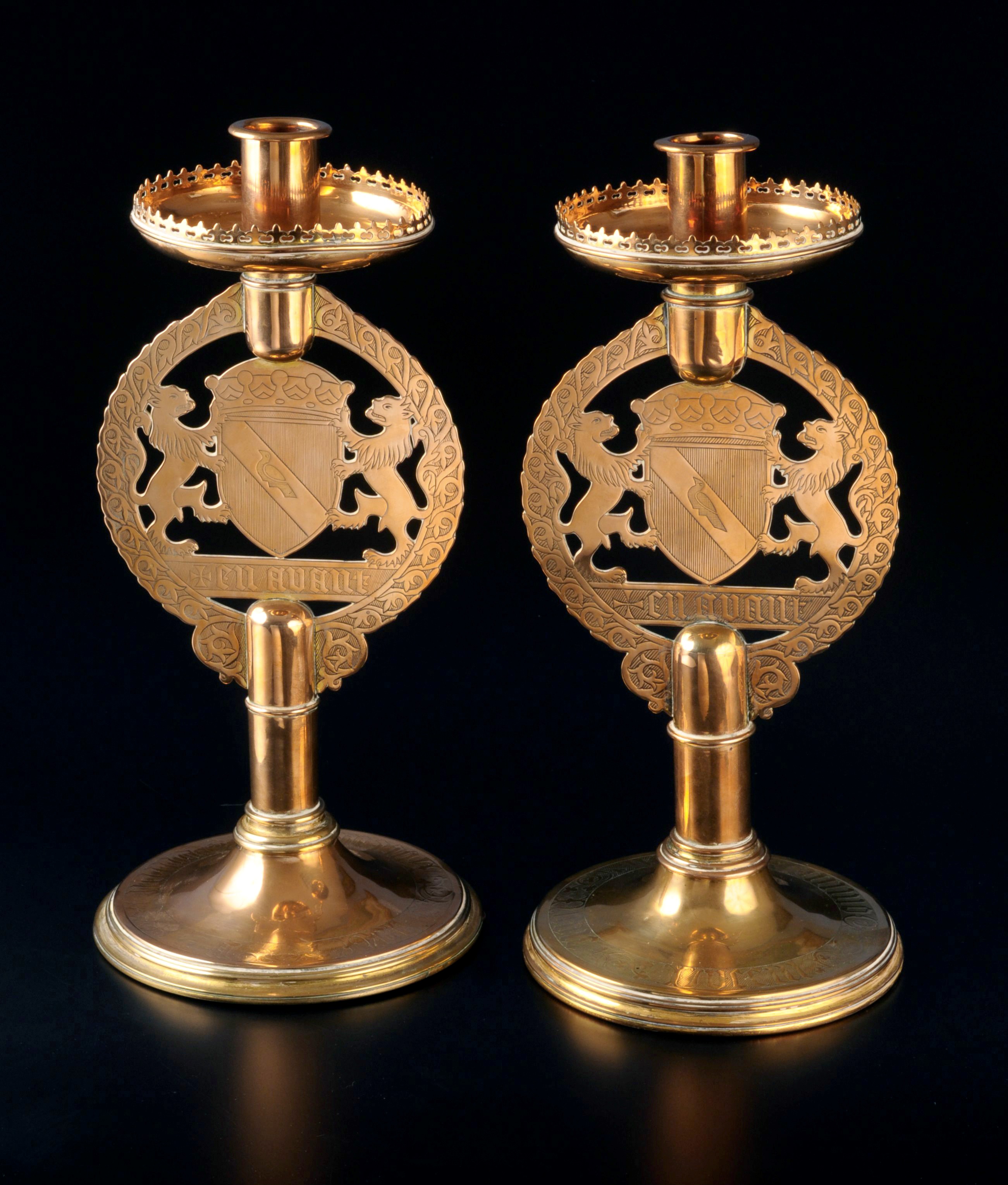  pair of gilt brass candlesticks, manufactured by John Hardman & Co., Birmingham, c.1844